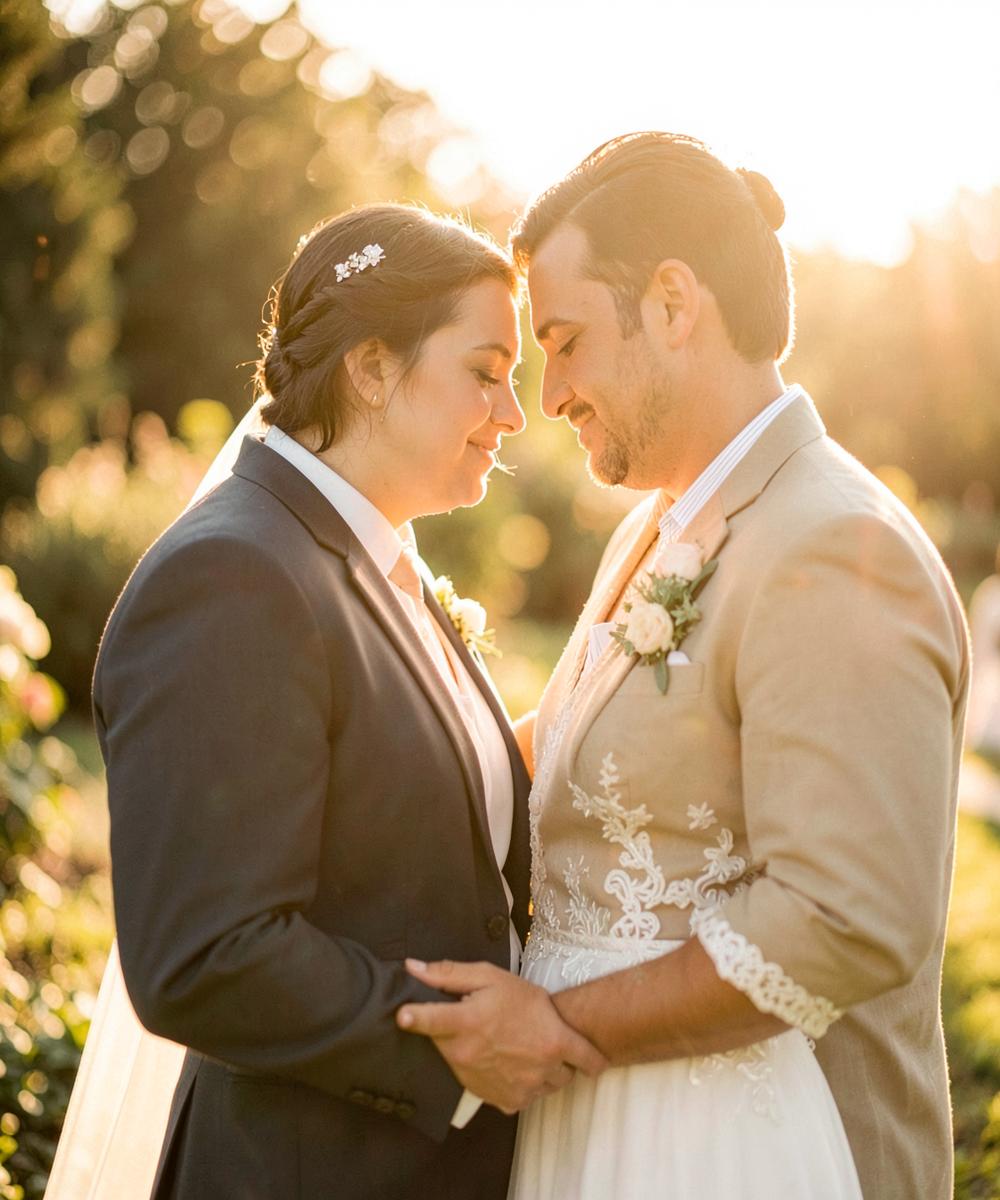 Bride and groom at golden hour